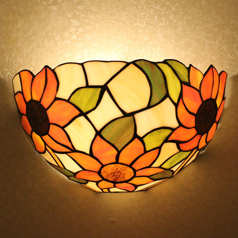 1-Head Flush Wall Sconce Tiffany Style Bowl Shade Stained Glass Wall Light Fixture Clearhalo 'Art deco wall lights' 'Cast Iron' 'Glass' 'Industrial' 'Middle century wall lights' 'Modern' 'Tiffany wall lights' 'Tiffany' 'Traditional wall lights' 'Wall Lamps & Sconces' 'Wall Lights' Lighting' 2029324