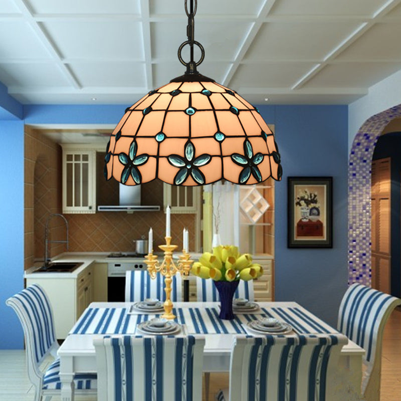 1-Head Hanging Light Kit Tiffany Lattice Bowl White Glass Jeweled Flower Pendant Lighting for Dining Room Blue Clearhalo 'Ceiling Lights' 'Glass shade' 'Glass' 'Industrial' 'Middle Century Pendants' 'Pendant Lights' 'Pendants' 'Tiffany close to ceiling' 'Tiffany Pendants' 'Tiffany' Lighting' 2029333