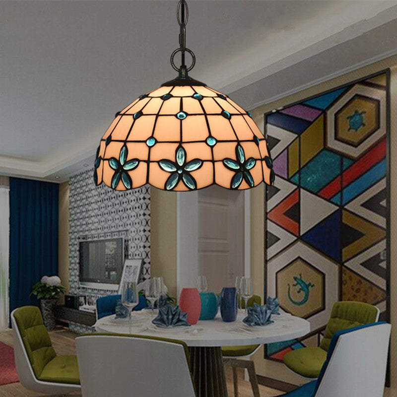 1-Head Hanging Light Kit Tiffany Lattice Bowl White Glass Jeweled Flower Pendant Lighting for Dining Room Clearhalo 'Ceiling Lights' 'Glass shade' 'Glass' 'Industrial' 'Middle Century Pendants' 'Pendant Lights' 'Pendants' 'Tiffany close to ceiling' 'Tiffany Pendants' 'Tiffany' Lighting' 2029334