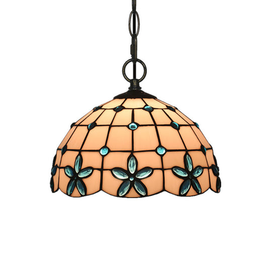 1-Head Hanging Light Kit Tiffany Lattice Bowl White Glass Jeweled Flower Pendant Lighting for Dining Room Clearhalo 'Ceiling Lights' 'Glass shade' 'Glass' 'Industrial' 'Middle Century Pendants' 'Pendant Lights' 'Pendants' 'Tiffany close to ceiling' 'Tiffany Pendants' 'Tiffany' Lighting' 2029336
