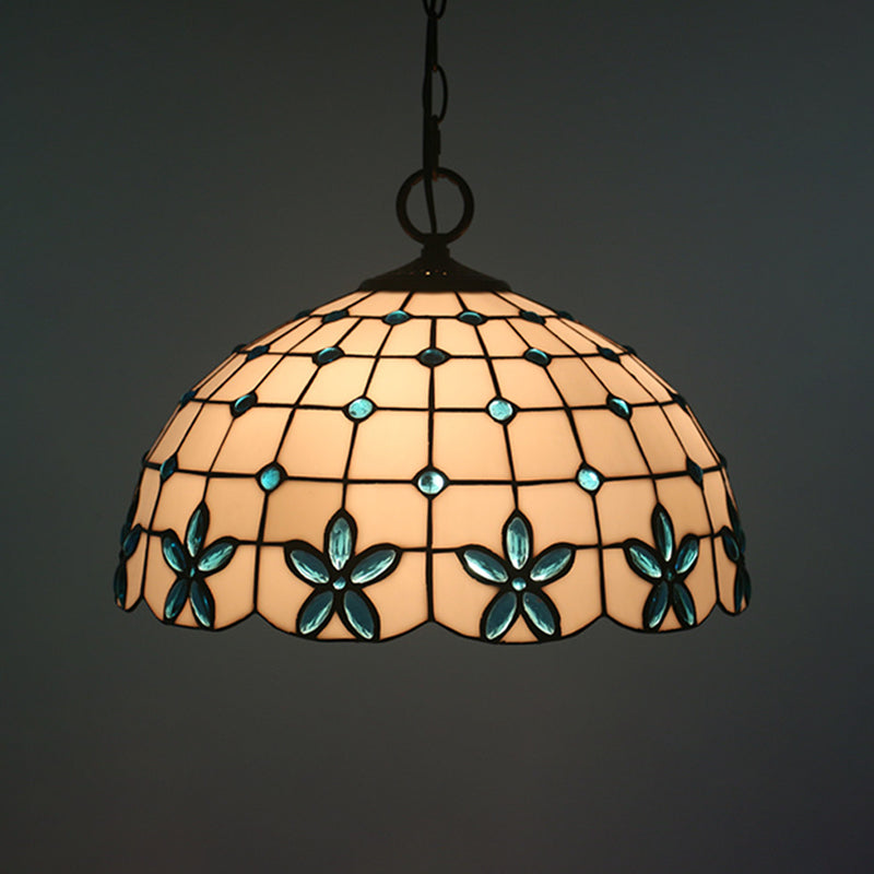1-Head Hanging Light Kit Tiffany Lattice Bowl White Glass Jeweled Flower Pendant Lighting for Dining Room Clearhalo 'Ceiling Lights' 'Glass shade' 'Glass' 'Industrial' 'Middle Century Pendants' 'Pendant Lights' 'Pendants' 'Tiffany close to ceiling' 'Tiffany Pendants' 'Tiffany' Lighting' 2029337