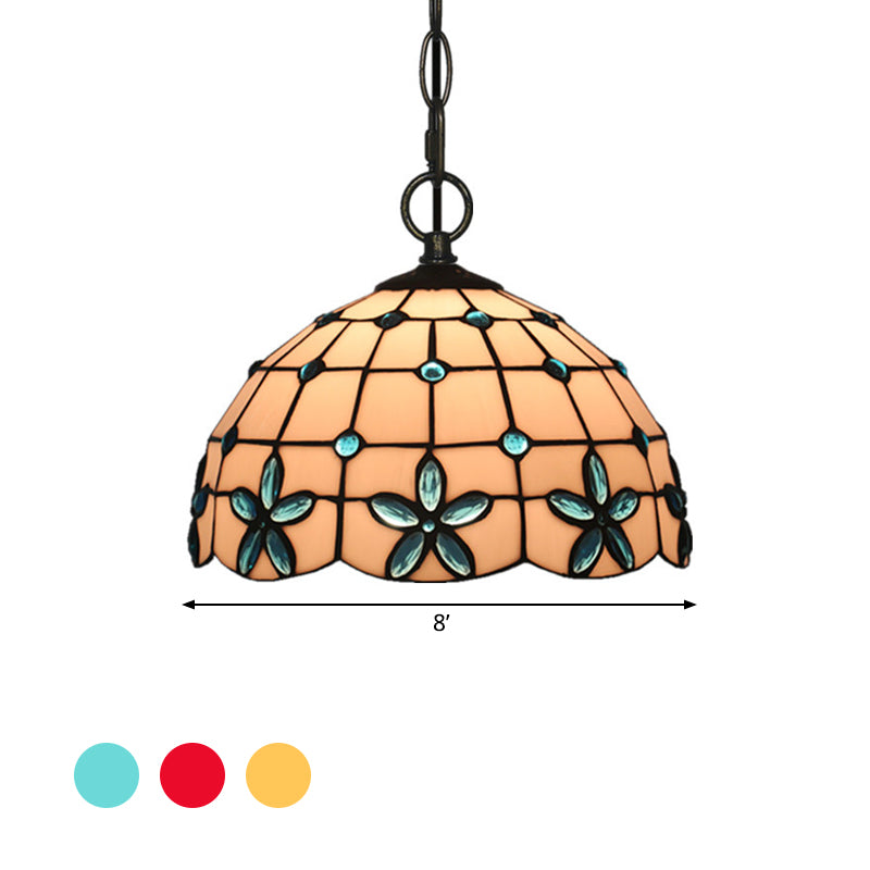 1-Head Hanging Light Kit Tiffany Lattice Bowl White Glass Jeweled Flower Pendant Lighting for Dining Room Clearhalo 'Ceiling Lights' 'Glass shade' 'Glass' 'Industrial' 'Middle Century Pendants' 'Pendant Lights' 'Pendants' 'Tiffany close to ceiling' 'Tiffany Pendants' 'Tiffany' Lighting' 2029338