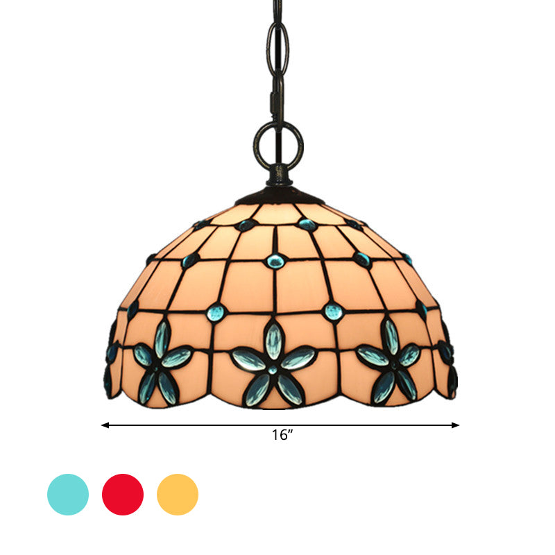 1-Head Hanging Light Kit Tiffany Lattice Bowl White Glass Jeweled Flower Pendant Lighting for Dining Room Clearhalo 'Ceiling Lights' 'Glass shade' 'Glass' 'Industrial' 'Middle Century Pendants' 'Pendant Lights' 'Pendants' 'Tiffany close to ceiling' 'Tiffany Pendants' 'Tiffany' Lighting' 2029339