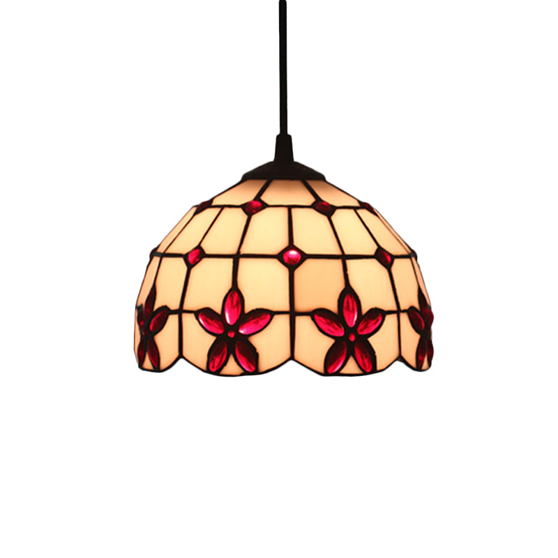 1-Head Hanging Light Kit Tiffany Lattice Bowl White Glass Jeweled Flower Pendant Lighting for Dining Room Clearhalo 'Ceiling Lights' 'Glass shade' 'Glass' 'Industrial' 'Middle Century Pendants' 'Pendant Lights' 'Pendants' 'Tiffany close to ceiling' 'Tiffany Pendants' 'Tiffany' Lighting' 2029341