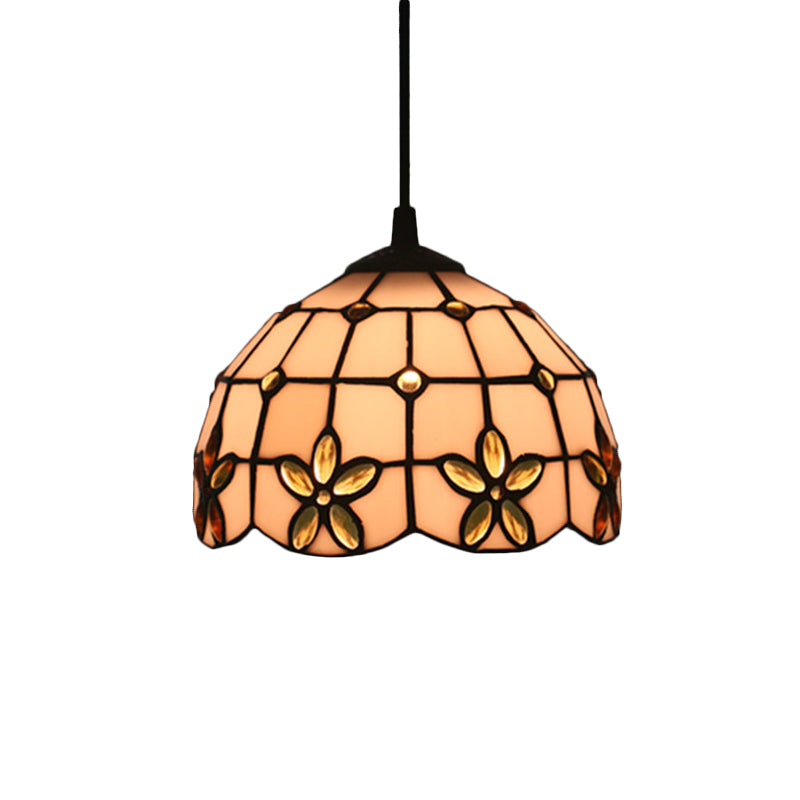 1-Head Hanging Light Kit Tiffany Lattice Bowl White Glass Jeweled Flower Pendant Lighting for Dining Room Yellow Clearhalo 'Ceiling Lights' 'Glass shade' 'Glass' 'Industrial' 'Middle Century Pendants' 'Pendant Lights' 'Pendants' 'Tiffany close to ceiling' 'Tiffany Pendants' 'Tiffany' Lighting' 2029343