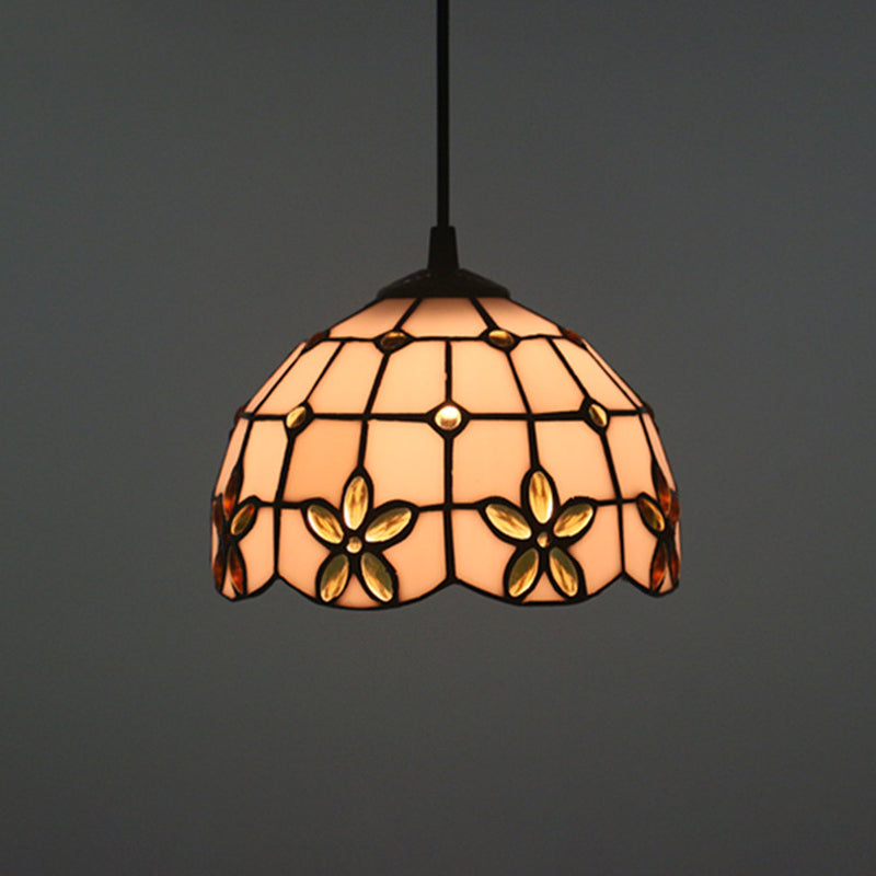 1-Head Hanging Light Kit Tiffany Lattice Bowl White Glass Jeweled Flower Pendant Lighting for Dining Room Clearhalo 'Ceiling Lights' 'Glass shade' 'Glass' 'Industrial' 'Middle Century Pendants' 'Pendant Lights' 'Pendants' 'Tiffany close to ceiling' 'Tiffany Pendants' 'Tiffany' Lighting' 2029344