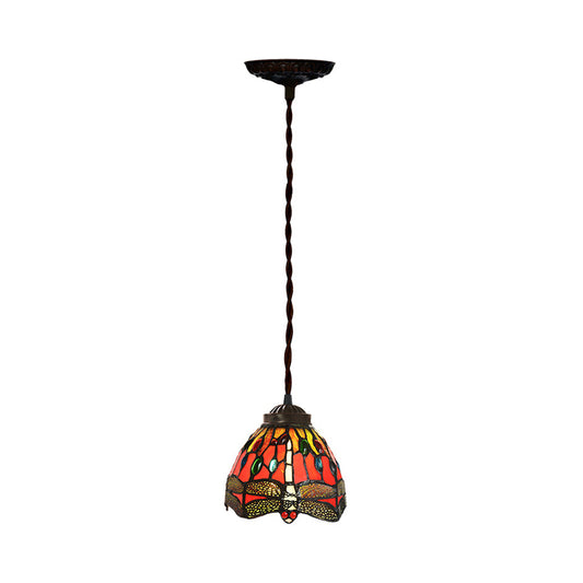 1-Bulb Dining Room Hanging Light Kit Tiffany Red Dragonfly Patterned Pendant Lamp with Dome Stained Glass Shade Clearhalo 'Art Deco Pendants' 'Cast Iron' 'Ceiling Lights' 'Ceramic' 'Crystal' 'Industrial' 'Metal' 'Middle Century Pendants' 'Pendant Lights' 'Pendants' 'Tiffany close to ceiling' 'Tiffany Pendants' 'Tiffany' Lighting' 2029352