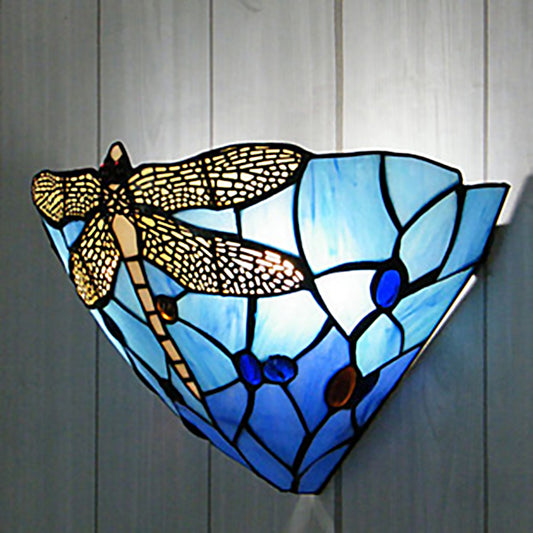 Cone Cut Glass Wall Mount Sconce Tiffany 1 Head Dragonfly Patterned Wall Hanging Light Blue Clearhalo 'Art deco wall lights' 'Cast Iron' 'Glass' 'Industrial' 'Middle century wall lights' 'Modern' 'Tiffany wall lights' 'Tiffany' 'Traditional wall lights' 'Wall Lamps & Sconces' 'Wall Lights' Lighting' 2029355