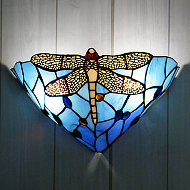 Cone Cut Glass Wall Mount Sconce Tiffany 1 Head Dragonfly Patterned Wall Hanging Light Clearhalo 'Art deco wall lights' 'Cast Iron' 'Glass' 'Industrial' 'Middle century wall lights' 'Modern' 'Tiffany wall lights' 'Tiffany' 'Traditional wall lights' 'Wall Lamps & Sconces' 'Wall Lights' Lighting' 2029356