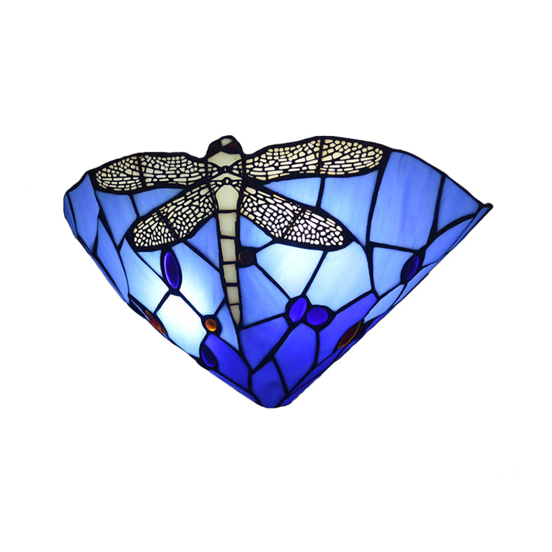 Cone Cut Glass Wall Mount Sconce Tiffany 1 Head Dragonfly Patterned Wall Hanging Light Clearhalo 'Art deco wall lights' 'Cast Iron' 'Glass' 'Industrial' 'Middle century wall lights' 'Modern' 'Tiffany wall lights' 'Tiffany' 'Traditional wall lights' 'Wall Lamps & Sconces' 'Wall Lights' Lighting' 2029358