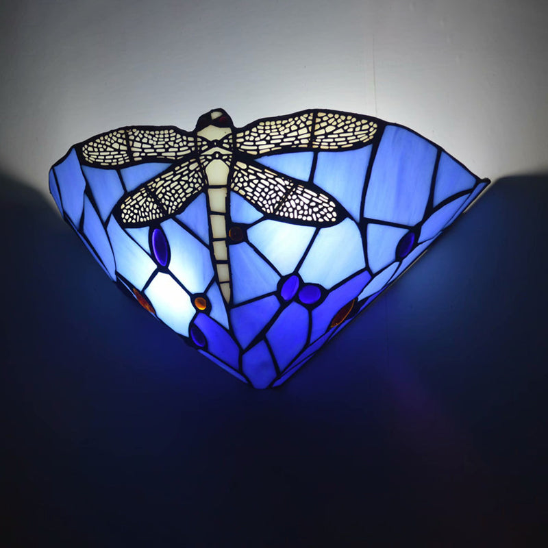 Cone Cut Glass Wall Mount Sconce Tiffany 1 Head Dragonfly Patterned Wall Hanging Light Clearhalo 'Art deco wall lights' 'Cast Iron' 'Glass' 'Industrial' 'Middle century wall lights' 'Modern' 'Tiffany wall lights' 'Tiffany' 'Traditional wall lights' 'Wall Lamps & Sconces' 'Wall Lights' Lighting' 2029359