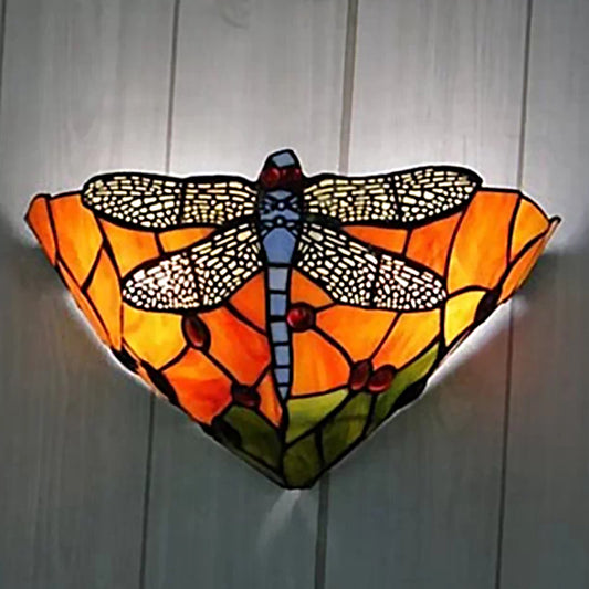 Cone Cut Glass Wall Mount Sconce Tiffany 1 Head Dragonfly Patterned Wall Hanging Light Orange Clearhalo 'Art deco wall lights' 'Cast Iron' 'Glass' 'Industrial' 'Middle century wall lights' 'Modern' 'Tiffany wall lights' 'Tiffany' 'Traditional wall lights' 'Wall Lamps & Sconces' 'Wall Lights' Lighting' 2029361