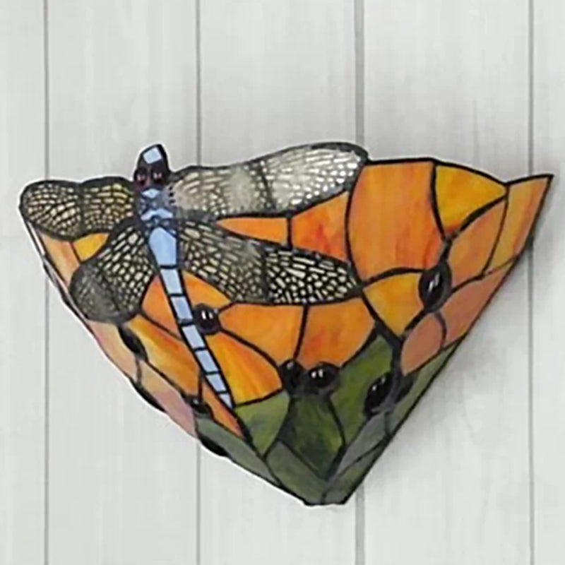 Cone Cut Glass Wall Mount Sconce Tiffany 1 Head Dragonfly Patterned Wall Hanging Light Clearhalo 'Art deco wall lights' 'Cast Iron' 'Glass' 'Industrial' 'Middle century wall lights' 'Modern' 'Tiffany wall lights' 'Tiffany' 'Traditional wall lights' 'Wall Lamps & Sconces' 'Wall Lights' Lighting' 2029362