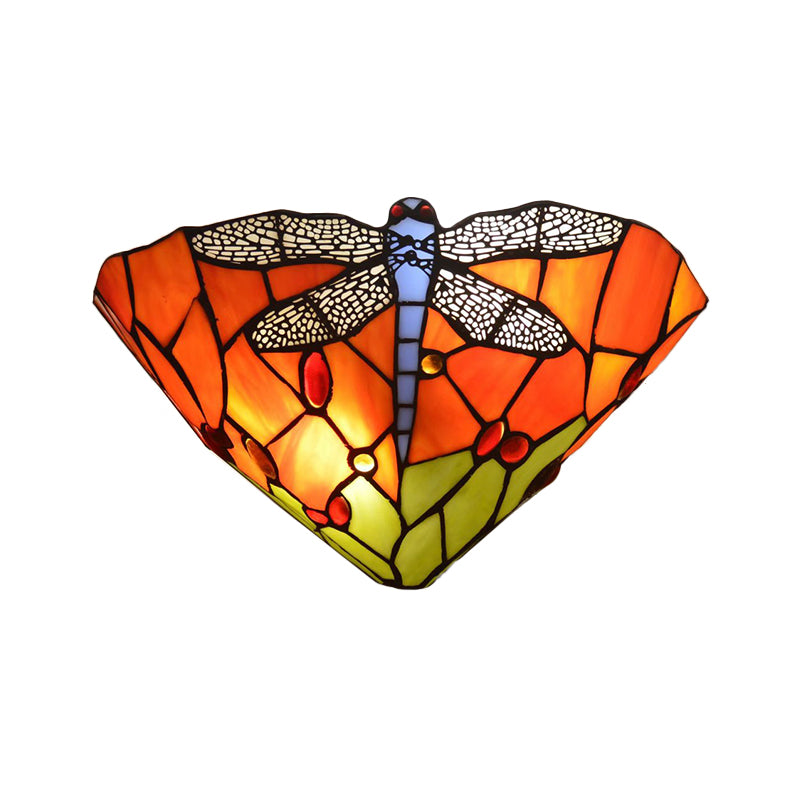 Cone Cut Glass Wall Mount Sconce Tiffany 1 Head Dragonfly Patterned Wall Hanging Light Clearhalo 'Art deco wall lights' 'Cast Iron' 'Glass' 'Industrial' 'Middle century wall lights' 'Modern' 'Tiffany wall lights' 'Tiffany' 'Traditional wall lights' 'Wall Lamps & Sconces' 'Wall Lights' Lighting' 2029363