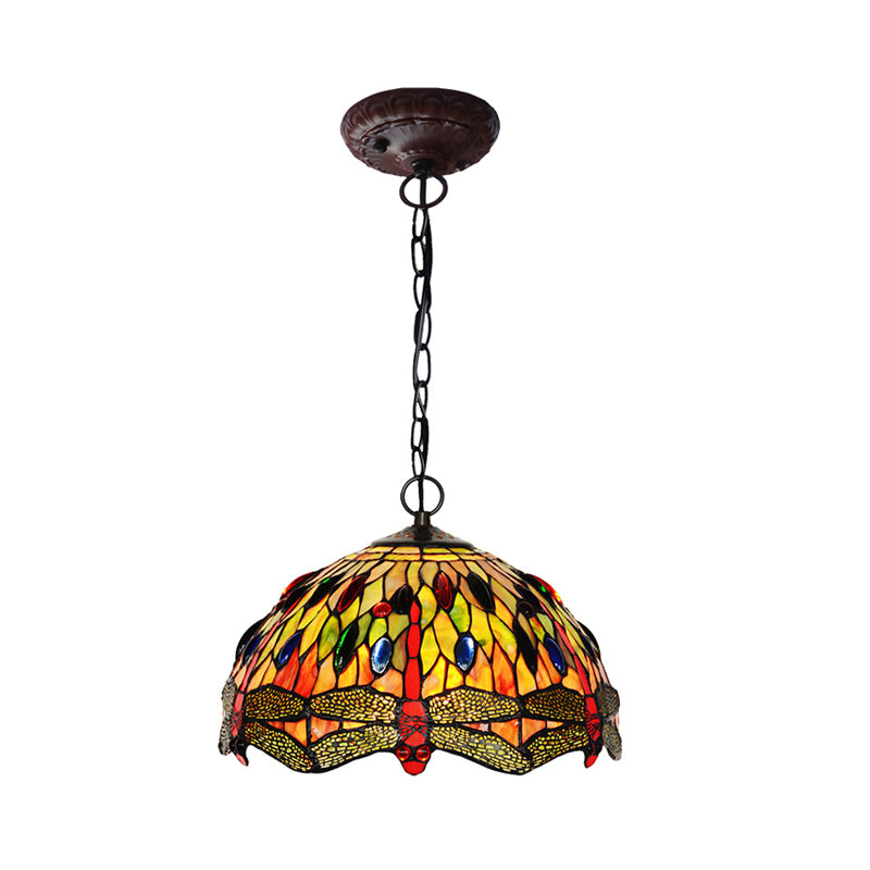 Bowl Pendant Lighting 1 Light Stained Glass Mediterranean Hanging Light Kit with Dragonfly Patterned in Green Green Clearhalo 'Art Deco Pendants' 'Cast Iron' 'Ceiling Lights' 'Ceramic' 'Crystal' 'Industrial' 'Metal' 'Middle Century Pendants' 'Pendant Lights' 'Pendants' 'Tiffany close to ceiling' 'Tiffany Pendants' 'Tiffany' Lighting' 2029365