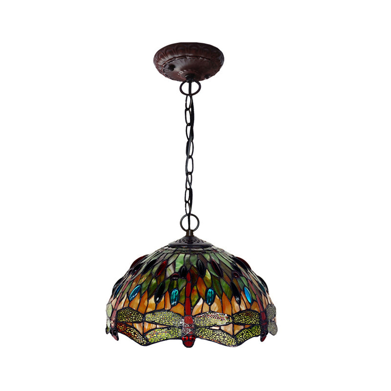 Bowl Pendant Lighting 1 Light Stained Glass Mediterranean Hanging Light Kit with Dragonfly Patterned in Green Clearhalo 'Art Deco Pendants' 'Cast Iron' 'Ceiling Lights' 'Ceramic' 'Crystal' 'Industrial' 'Metal' 'Middle Century Pendants' 'Pendant Lights' 'Pendants' 'Tiffany close to ceiling' 'Tiffany Pendants' 'Tiffany' Lighting' 2029367