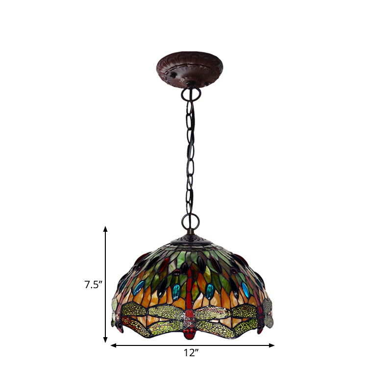 Bowl Pendant Lighting 1 Light Stained Glass Mediterranean Hanging Light Kit with Dragonfly Patterned in Green Clearhalo 'Art Deco Pendants' 'Cast Iron' 'Ceiling Lights' 'Ceramic' 'Crystal' 'Industrial' 'Metal' 'Middle Century Pendants' 'Pendant Lights' 'Pendants' 'Tiffany close to ceiling' 'Tiffany Pendants' 'Tiffany' Lighting' 2029368