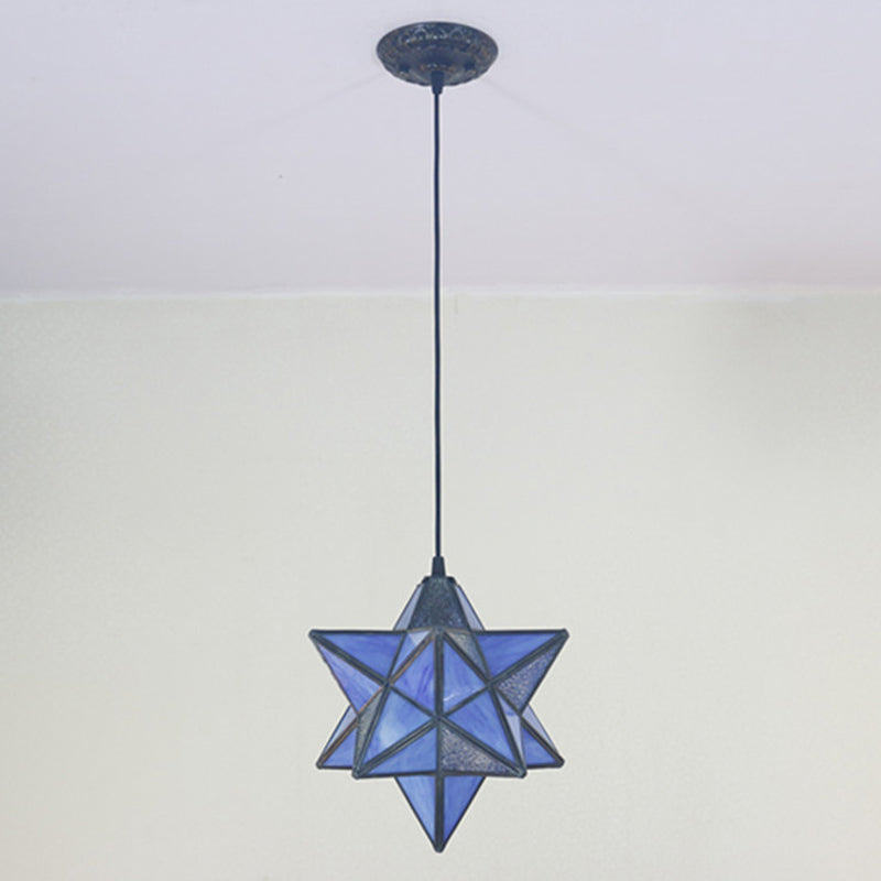 Tiffany Star Shade Pendant Lamp 1 Light Stained Glass Suspension Lighting for Bedroom Blue Clearhalo 'Ceiling Lights' 'Chandeliers' 'Glass shade' 'Glass' 'Industrial' 'Middle Century Pendants' 'Pendant Lights' 'Pendants' 'Tiffany close to ceiling' 'Tiffany Pendants' 'Tiffany' Lighting' 2029374