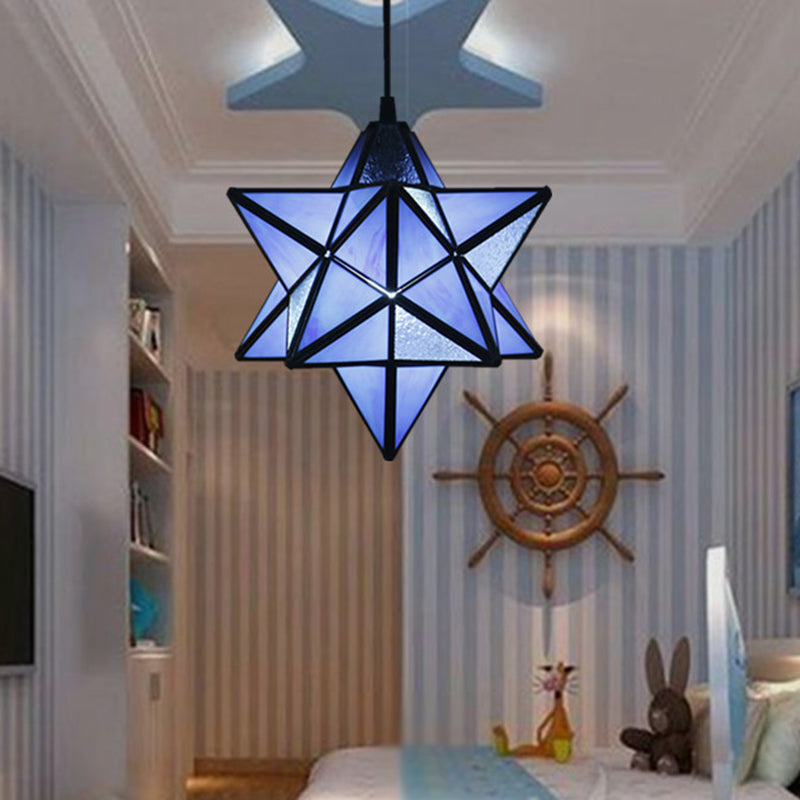 Tiffany Star Shade Pendant Lamp 1 Light Stained Glass Suspension Lighting for Bedroom Clearhalo 'Ceiling Lights' 'Chandeliers' 'Glass shade' 'Glass' 'Industrial' 'Middle Century Pendants' 'Pendant Lights' 'Pendants' 'Tiffany close to ceiling' 'Tiffany Pendants' 'Tiffany' Lighting' 2029375