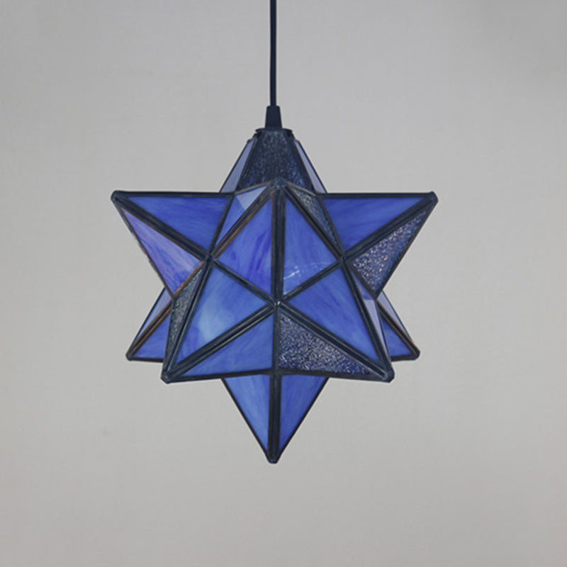 Tiffany Star Shade Pendant Lamp 1 Light Stained Glass Suspension Lighting for Bedroom Clearhalo 'Ceiling Lights' 'Chandeliers' 'Glass shade' 'Glass' 'Industrial' 'Middle Century Pendants' 'Pendant Lights' 'Pendants' 'Tiffany close to ceiling' 'Tiffany Pendants' 'Tiffany' Lighting' 2029377