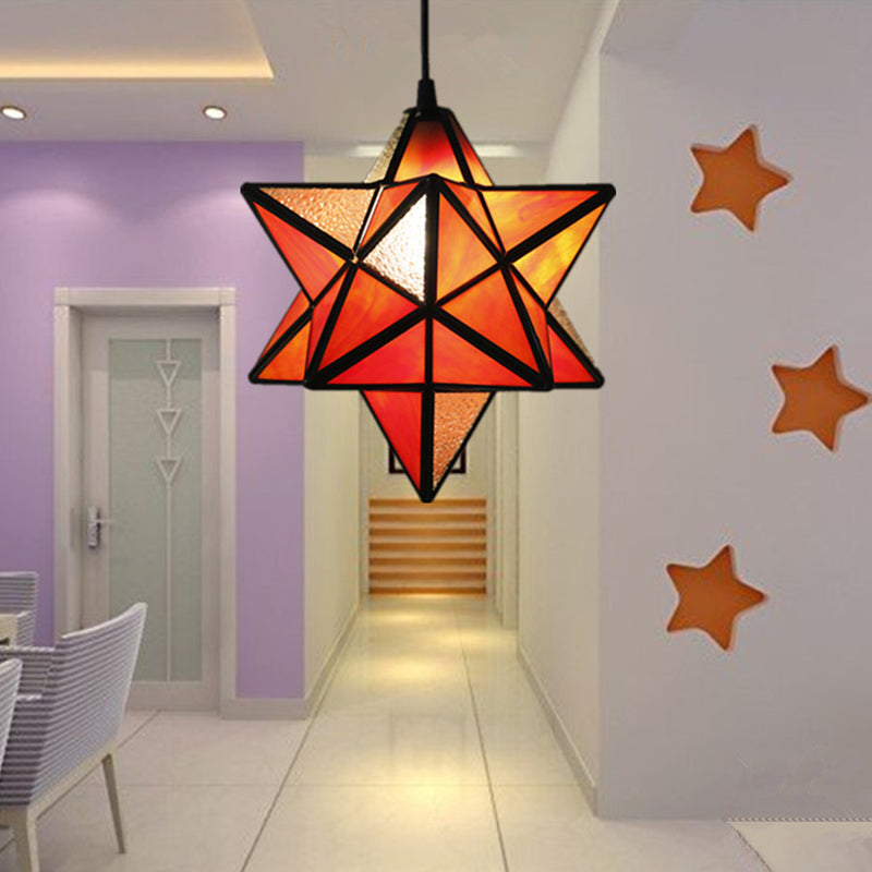 Tiffany Star Shade Pendant Lamp 1 Light Stained Glass Suspension Lighting for Bedroom Orange Clearhalo 'Ceiling Lights' 'Chandeliers' 'Glass shade' 'Glass' 'Industrial' 'Middle Century Pendants' 'Pendant Lights' 'Pendants' 'Tiffany close to ceiling' 'Tiffany Pendants' 'Tiffany' Lighting' 2029379