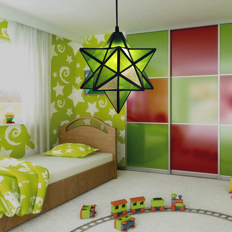 Tiffany Star Shade Pendant Lamp 1 Light Stained Glass Suspension Lighting for Bedroom Green Clearhalo 'Ceiling Lights' 'Chandeliers' 'Glass shade' 'Glass' 'Industrial' 'Middle Century Pendants' 'Pendant Lights' 'Pendants' 'Tiffany close to ceiling' 'Tiffany Pendants' 'Tiffany' Lighting' 2029385