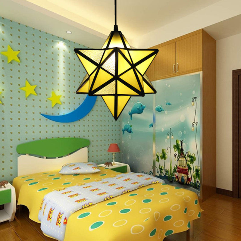 Tiffany Star Shade Pendant Lamp 1 Light Stained Glass Suspension Lighting for Bedroom Yellow Clearhalo 'Ceiling Lights' 'Chandeliers' 'Glass shade' 'Glass' 'Industrial' 'Middle Century Pendants' 'Pendant Lights' 'Pendants' 'Tiffany close to ceiling' 'Tiffany Pendants' 'Tiffany' Lighting' 2029388