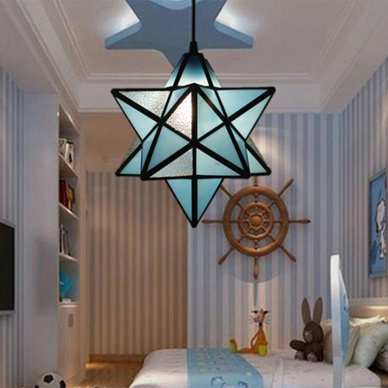 Tiffany Star Shade Pendant Lamp 1 Light Stained Glass Suspension Lighting for Bedroom Sky Blue Clearhalo 'Ceiling Lights' 'Chandeliers' 'Glass shade' 'Glass' 'Industrial' 'Middle Century Pendants' 'Pendant Lights' 'Pendants' 'Tiffany close to ceiling' 'Tiffany Pendants' 'Tiffany' Lighting' 2029391