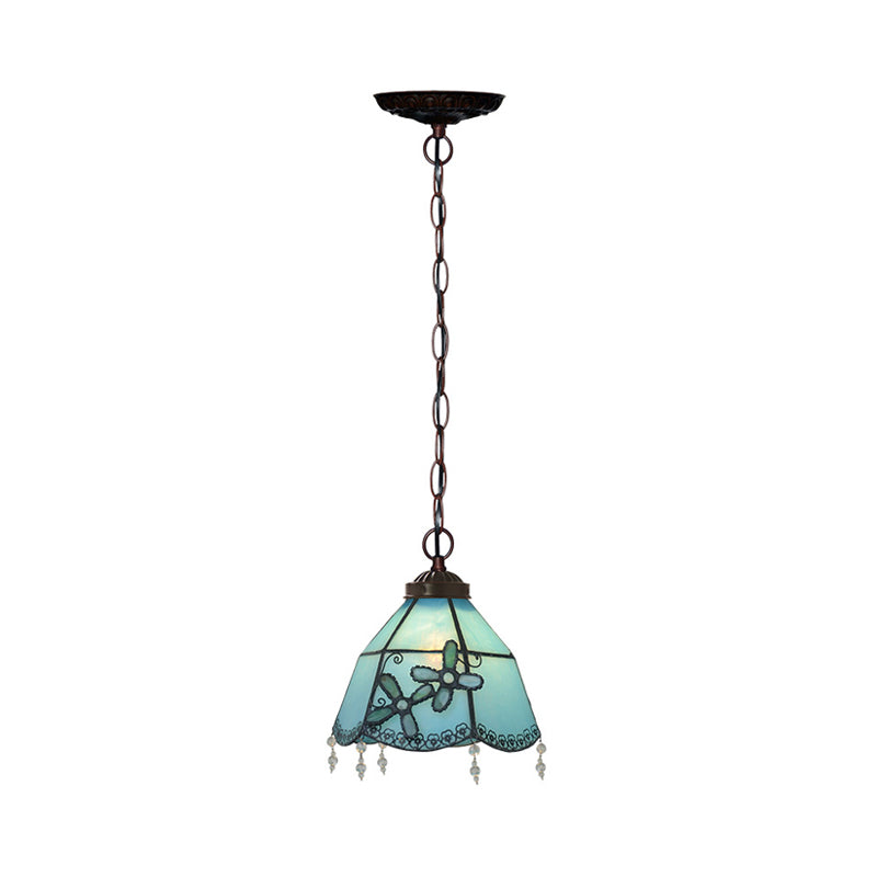 Mission Bell Hanging Pendant Light 1 Head Blue Glass Pendulum Lamp with Beaded Trim Blue Clearhalo 'Art Deco Pendants' 'Cast Iron' 'Ceiling Lights' 'Ceramic' 'Crystal' 'Industrial' 'Metal' 'Middle Century Pendants' 'Pendant Lights' 'Pendants' 'Tiffany close to ceiling' 'Tiffany Pendants' 'Tiffany' Lighting' 2029397
