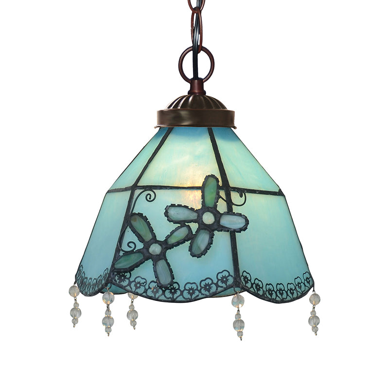 Mission Bell Hanging Pendant Light 1 Head Blue Glass Pendulum Lamp with Beaded Trim Clearhalo 'Art Deco Pendants' 'Cast Iron' 'Ceiling Lights' 'Ceramic' 'Crystal' 'Industrial' 'Metal' 'Middle Century Pendants' 'Pendant Lights' 'Pendants' 'Tiffany close to ceiling' 'Tiffany Pendants' 'Tiffany' Lighting' 2029398