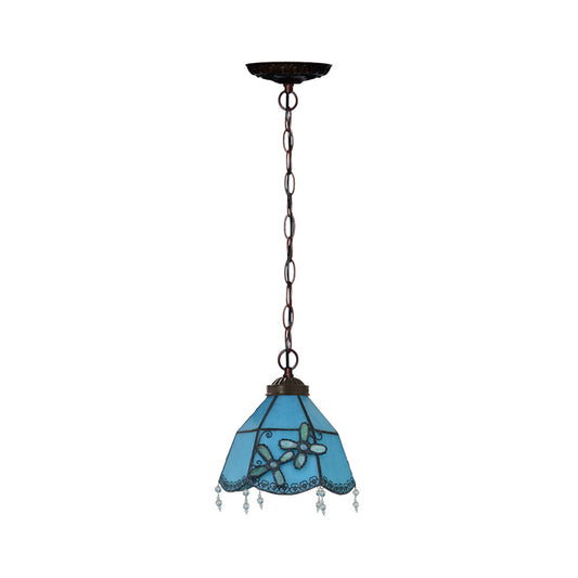 Mission Bell Hanging Pendant Light 1 Head Blue Glass Pendulum Lamp with Beaded Trim Clearhalo 'Art Deco Pendants' 'Cast Iron' 'Ceiling Lights' 'Ceramic' 'Crystal' 'Industrial' 'Metal' 'Middle Century Pendants' 'Pendant Lights' 'Pendants' 'Tiffany close to ceiling' 'Tiffany Pendants' 'Tiffany' Lighting' 2029399