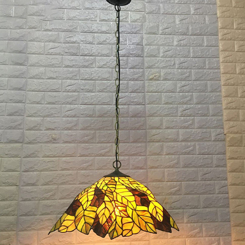 Yellow Cone Drop Pendant Baroque 1-Bulb Stained Art Glass Hanging Ceiling Light with Leaf Pattern Yellow Clearhalo 'Art Deco Pendants' 'Cast Iron' 'Ceiling Lights' 'Ceramic' 'Crystal' 'Industrial' 'Metal' 'Middle Century Pendants' 'Pendant Lights' 'Pendants' 'Tiffany close to ceiling' 'Tiffany Pendants' 'Tiffany' Lighting' 2029405