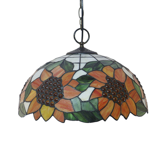Black 3-Bulb Chandelier Lighting Baroque Stained Glass Domed Pendant Light Kit with Petal Pattern Clearhalo 'Ceiling Lights' 'Chandeliers' 'Industrial' 'Middle Century Chandeliers' 'Tiffany Chandeliers' 'Tiffany close to ceiling' 'Tiffany' Lighting' 2029436