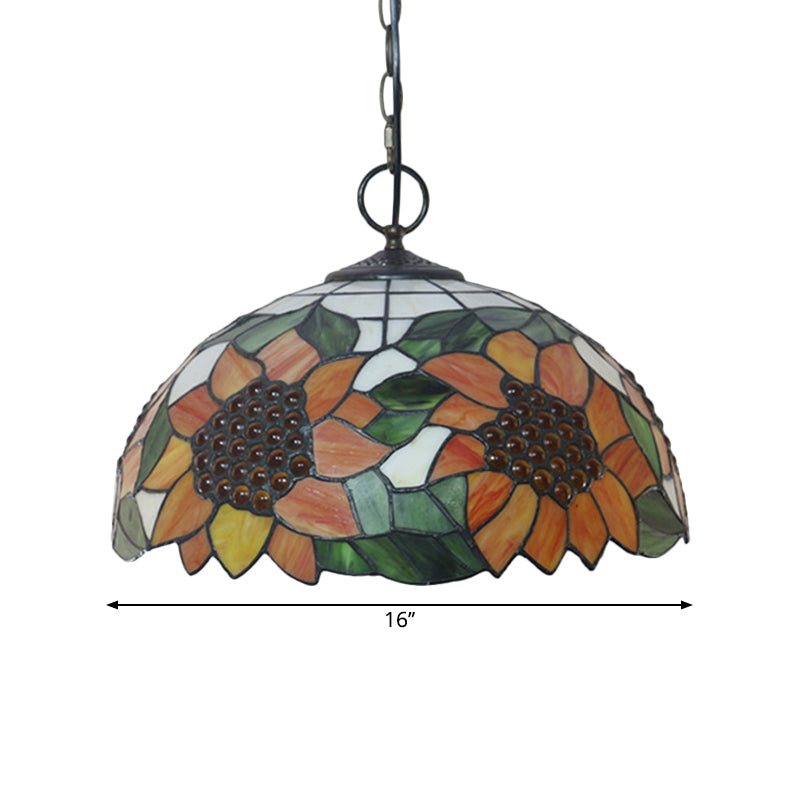Black 3-Bulb Chandelier Lighting Baroque Stained Glass Domed Pendant Light Kit with Petal Pattern Clearhalo 'Ceiling Lights' 'Chandeliers' 'Industrial' 'Middle Century Chandeliers' 'Tiffany Chandeliers' 'Tiffany close to ceiling' 'Tiffany' Lighting' 2029437