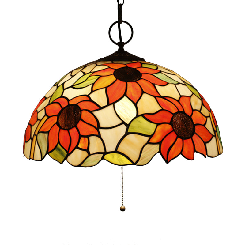 Black 3-Bulb Chandelier Lighting Baroque Stained Glass Domed Pendant Light Kit with Petal Pattern Clearhalo 'Ceiling Lights' 'Chandeliers' 'Industrial' 'Middle Century Chandeliers' 'Tiffany Chandeliers' 'Tiffany close to ceiling' 'Tiffany' Lighting' 2029439