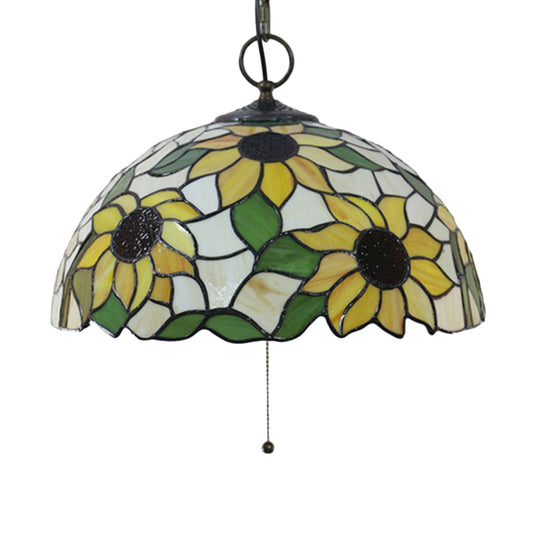 Black 3-Bulb Chandelier Lighting Baroque Stained Glass Domed Pendant Light Kit with Petal Pattern Clearhalo 'Ceiling Lights' 'Chandeliers' 'Industrial' 'Middle Century Chandeliers' 'Tiffany Chandeliers' 'Tiffany close to ceiling' 'Tiffany' Lighting' 2029441