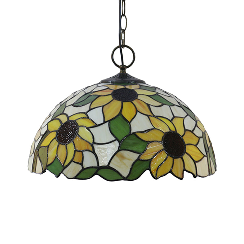 Black 3-Bulb Chandelier Lighting Baroque Stained Glass Domed Pendant Light Kit with Petal Pattern Clearhalo 'Ceiling Lights' 'Chandeliers' 'Industrial' 'Middle Century Chandeliers' 'Tiffany Chandeliers' 'Tiffany close to ceiling' 'Tiffany' Lighting' 2029443