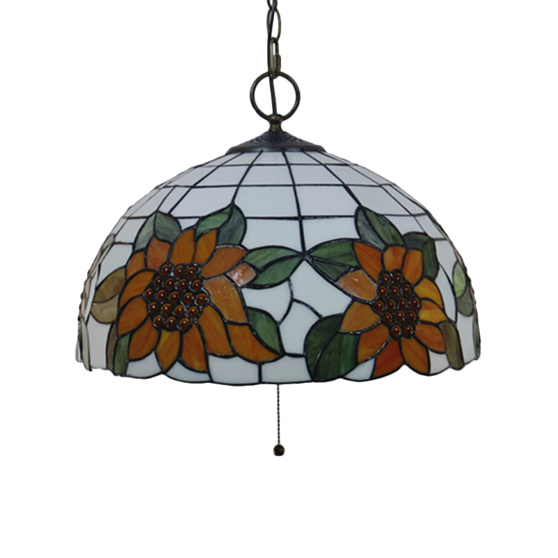 Black 3-Bulb Chandelier Lighting Baroque Stained Glass Domed Pendant Light Kit with Petal Pattern Clearhalo 'Ceiling Lights' 'Chandeliers' 'Industrial' 'Middle Century Chandeliers' 'Tiffany Chandeliers' 'Tiffany close to ceiling' 'Tiffany' Lighting' 2029445