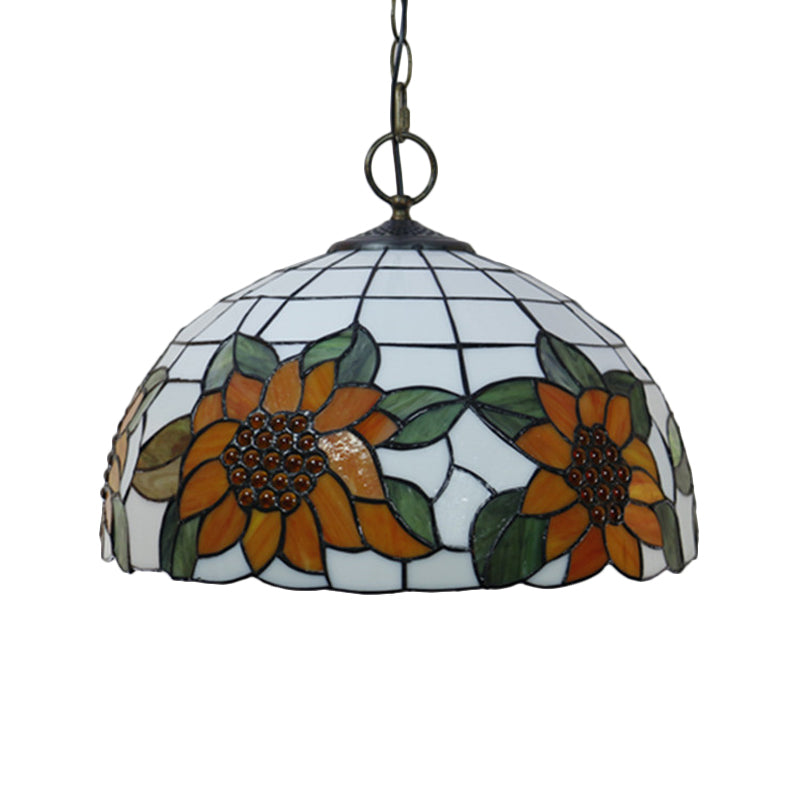 Black 3-Bulb Chandelier Lighting Baroque Stained Glass Domed Pendant Light Kit with Petal Pattern Clearhalo 'Ceiling Lights' 'Chandeliers' 'Industrial' 'Middle Century Chandeliers' 'Tiffany Chandeliers' 'Tiffany close to ceiling' 'Tiffany' Lighting' 2029447