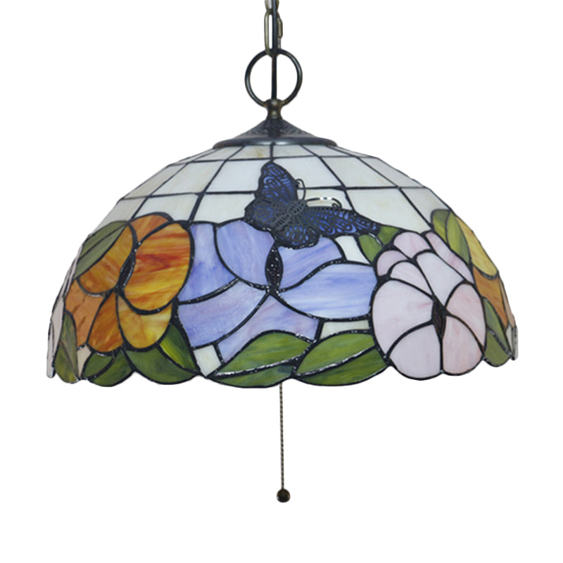 Black 3-Bulb Chandelier Lighting Baroque Stained Glass Domed Pendant Light Kit with Petal Pattern Clearhalo 'Ceiling Lights' 'Chandeliers' 'Industrial' 'Middle Century Chandeliers' 'Tiffany Chandeliers' 'Tiffany close to ceiling' 'Tiffany' Lighting' 2029449