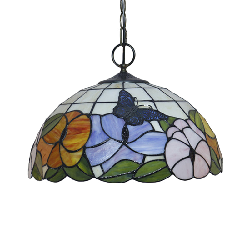 Black 3-Bulb Chandelier Lighting Baroque Stained Glass Domed Pendant Light Kit with Petal Pattern Clearhalo 'Ceiling Lights' 'Chandeliers' 'Industrial' 'Middle Century Chandeliers' 'Tiffany Chandeliers' 'Tiffany close to ceiling' 'Tiffany' Lighting' 2029451