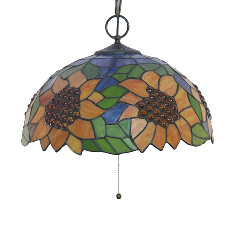 Black 3-Bulb Chandelier Lighting Baroque Stained Glass Domed Pendant Light Kit with Petal Pattern Clearhalo 'Ceiling Lights' 'Chandeliers' 'Industrial' 'Middle Century Chandeliers' 'Tiffany Chandeliers' 'Tiffany close to ceiling' 'Tiffany' Lighting' 2029453