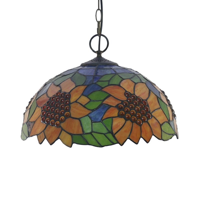 Black 3-Bulb Chandelier Lighting Baroque Stained Glass Domed Pendant Light Kit with Petal Pattern Clearhalo 'Ceiling Lights' 'Chandeliers' 'Industrial' 'Middle Century Chandeliers' 'Tiffany Chandeliers' 'Tiffany close to ceiling' 'Tiffany' Lighting' 2029455