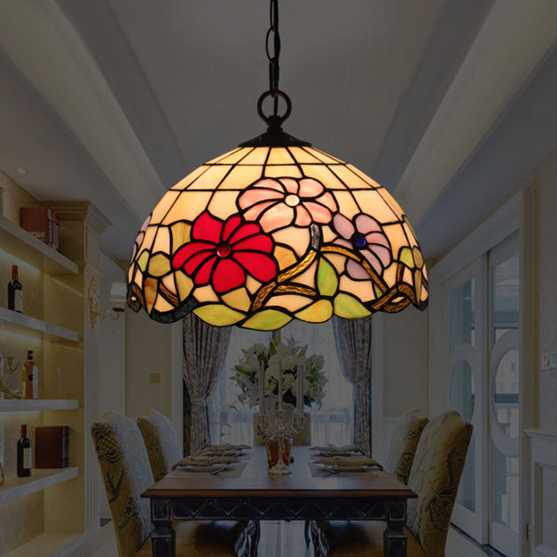 1-Bulb Dining Room Drop Lamp Tiffany Black Floral Patterned Pendant Light Kit with Dome Hand Cut Glass Shade Clearhalo 'Art Deco Pendants' 'Cast Iron' 'Ceiling Lights' 'Ceramic' 'Chandeliers' 'Crystal' 'Industrial' 'Metal' 'Middle Century Pendants' 'Pendant Lights' 'Pendants' 'Tiffany close to ceiling' 'Tiffany Pendants' 'Tiffany' Lighting' 2029476