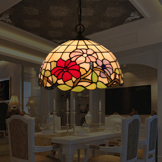 1-Bulb Dining Room Drop Lamp Tiffany Black Floral Patterned Pendant Light Kit with Dome Hand Cut Glass Shade Clearhalo 'Art Deco Pendants' 'Cast Iron' 'Ceiling Lights' 'Ceramic' 'Chandeliers' 'Crystal' 'Industrial' 'Metal' 'Middle Century Pendants' 'Pendant Lights' 'Pendants' 'Tiffany close to ceiling' 'Tiffany Pendants' 'Tiffany' Lighting' 2029477
