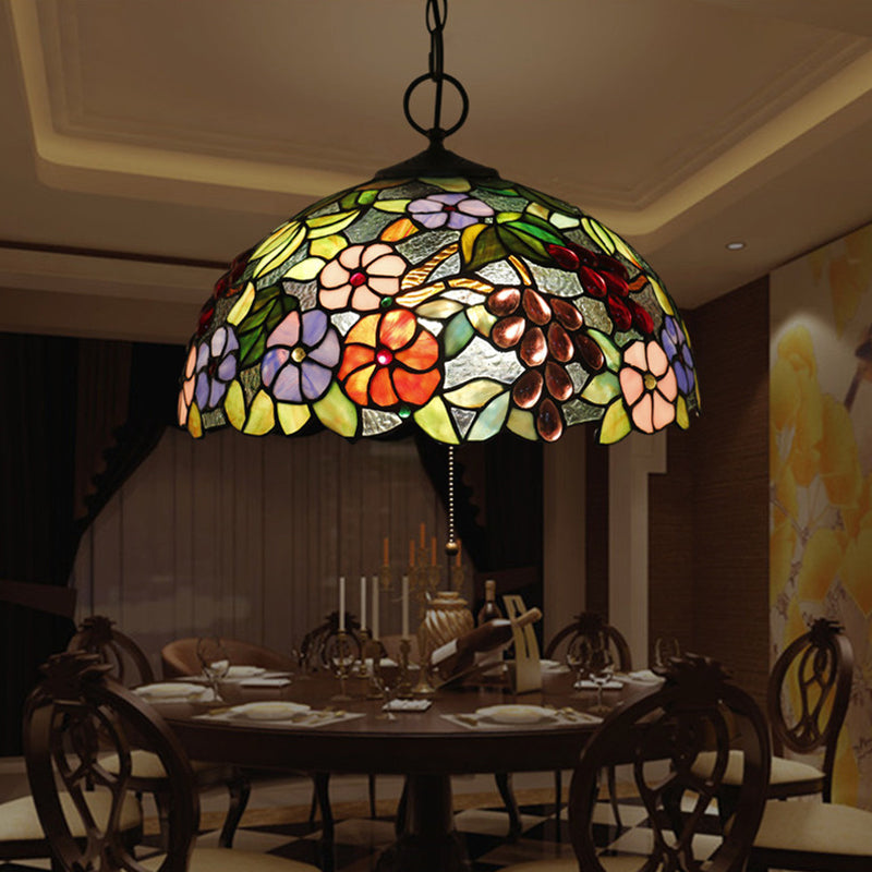 Hand-Crafted Glass Black Chandelier Domed 3 Lights Mediterranean Pendant Lamp with Plant Pattern Black A Clearhalo 'Ceiling Lights' 'Chandeliers' 'Industrial' 'Middle Century Chandeliers' 'Pendant Lights' 'Tiffany Chandeliers' 'Tiffany close to ceiling' 'Tiffany' Lighting' 2029485