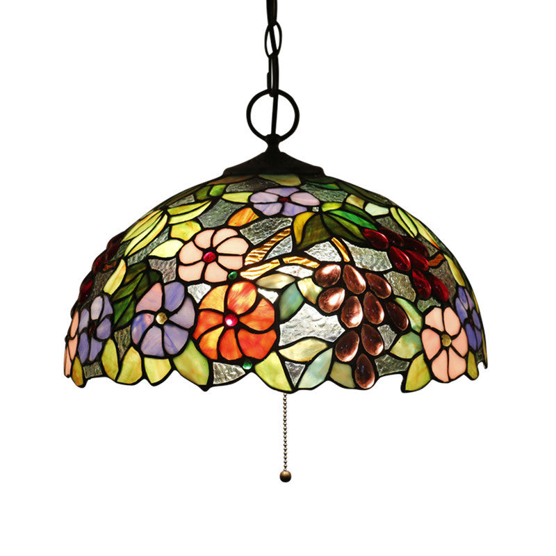 Hand-Crafted Glass Black Chandelier Domed 3 Lights Mediterranean Pendant Lamp with Plant Pattern Clearhalo 'Ceiling Lights' 'Chandeliers' 'Industrial' 'Middle Century Chandeliers' 'Pendant Lights' 'Tiffany Chandeliers' 'Tiffany close to ceiling' 'Tiffany' Lighting' 2029487