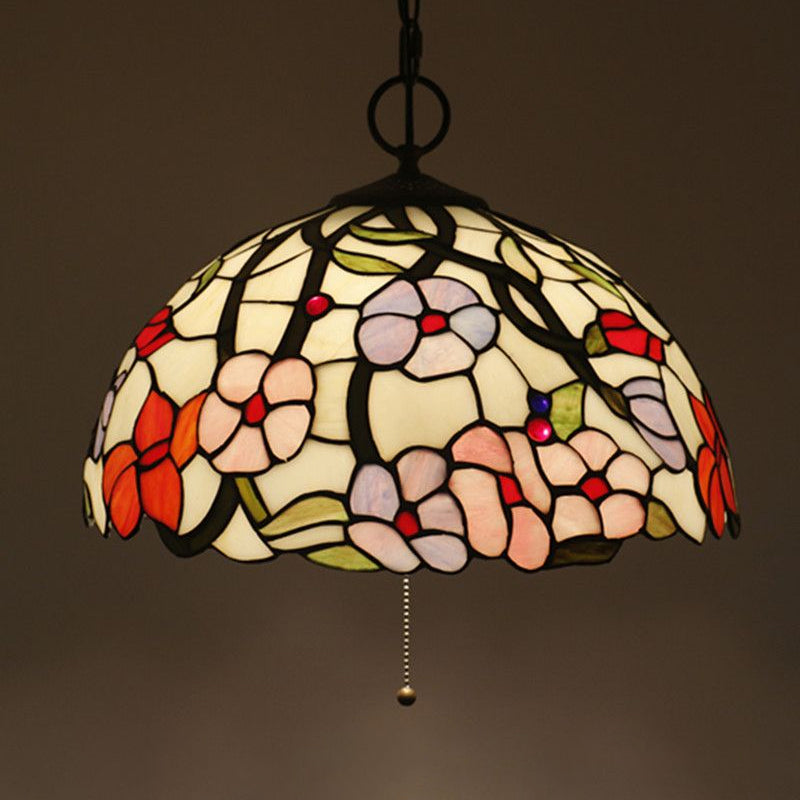 Hand-Crafted Glass Black Chandelier Domed 3 Lights Mediterranean Pendant Lamp with Plant Pattern Black C Clearhalo 'Ceiling Lights' 'Chandeliers' 'Industrial' 'Middle Century Chandeliers' 'Pendant Lights' 'Tiffany Chandeliers' 'Tiffany close to ceiling' 'Tiffany' Lighting' 2029492
