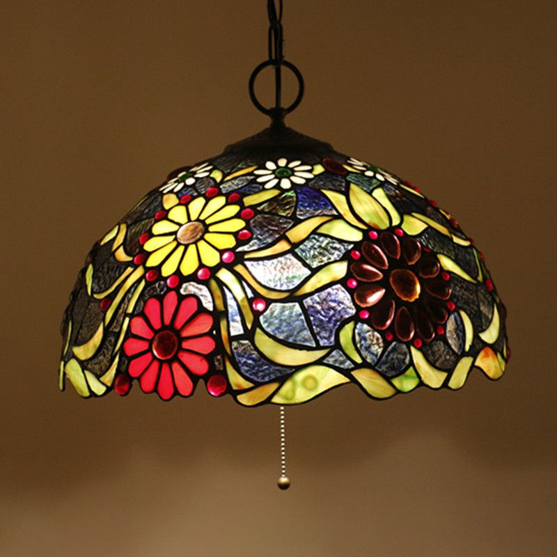 Hand-Crafted Glass Black Chandelier Domed 3 Lights Mediterranean Pendant Lamp with Plant Pattern Black E Clearhalo 'Ceiling Lights' 'Chandeliers' 'Industrial' 'Middle Century Chandeliers' 'Pendant Lights' 'Tiffany Chandeliers' 'Tiffany close to ceiling' 'Tiffany' Lighting' 2029494