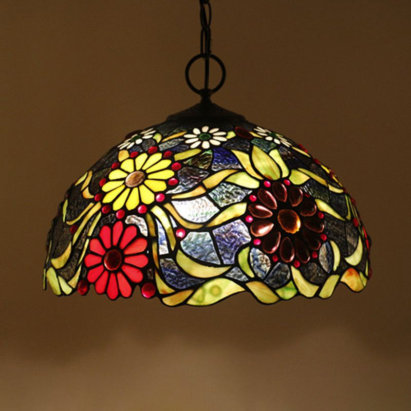 Hand-Crafted Glass Black Chandelier Domed 3 Lights Mediterranean Pendant Lamp with Plant Pattern Black F Clearhalo 'Ceiling Lights' 'Chandeliers' 'Industrial' 'Middle Century Chandeliers' 'Pendant Lights' 'Tiffany Chandeliers' 'Tiffany close to ceiling' 'Tiffany' Lighting' 2029495